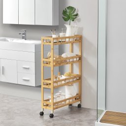 Carucior îngust cu 4 rafturi din bambus si roti, 96 x 60 x 18 cm