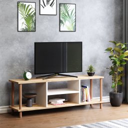 Masa TV Ærøskøbing cu 2 rafturi, 120 x 29 cm, alb si stejar