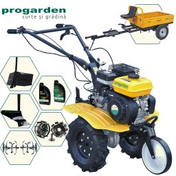 Pachet motocultor ProGARDEN Campo 703 7CP cu remorca, pluguri si roti metalice