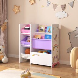 Raft pentru copii cu motiv unicorn, alb lila roz, 7 spatii depozitare