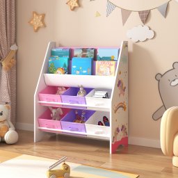Raft pentru copii cu motiv unicorn, 6 cutii depozitare, alb/lila/roz