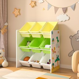 Raft pentru copii Muxía cu 9 cutii, model dinozauri, alb verde galben