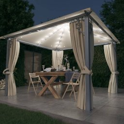 Pavilion cu perdele & siruri lumini LED, crem, 3x3 m, aluminiu GartenMobel Dekor