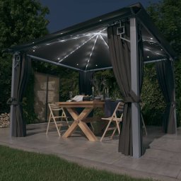 Pavilion cu perdele & siruri lumini LED antracit 3x3 m aluminiu GartenMobel Dekor