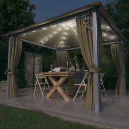 Pavilion cu perdele&siruri lumini LED gri taupe 3x3 m aluminiu GartenMobel Dekor
