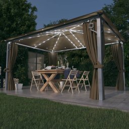 Pavilion cu perdele&siruri lumini LED gri taupe 4x3m aluminiu GartenMobel Dekor