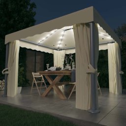 Pavilion cu perdele & siruri lumini LED, alb crem, 3x3 m GartenMobel Dekor
