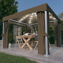 Pavilion cu perdea & sir de lumini LED, gri taupe, 3x3 m GartenMobel Dekor