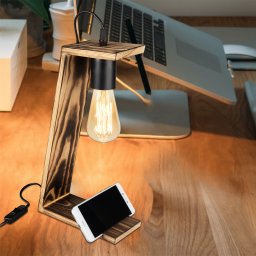 Lampa de masa Gillingham E27 din lemn masiv, negru si aspect lemn