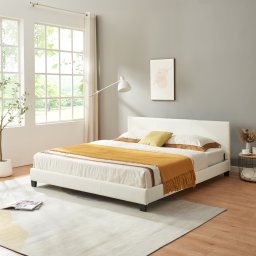 Pat tapitat Albacete 160x200 cm alb din piele ecologica, cu somiera