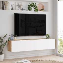 Comoda TV suspendata Lapinlahti 140 cm, stejar rustic si alb, [en.casa]