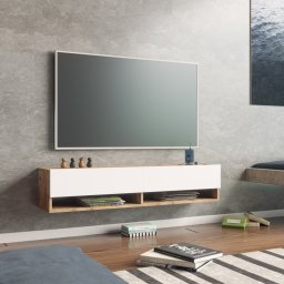 Comoda TV Laitila 140 cm cu 2 usi si rafturi, alb si stejar rustic