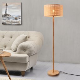 Lampadar Rochdale din lemn si ratan, E27, galben-maroniu