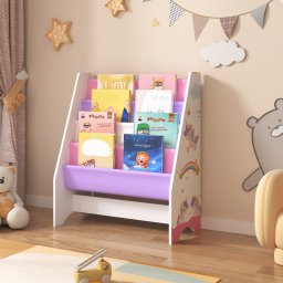 Biblioteca pentru copii Fisterra cu unicorn, 4 rafturi, alb roz lila