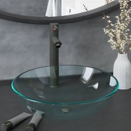 Chiuveta baie, robinet si scurgere tip push, transparent sticla GartenMobel Dekor