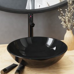 Chiuveta baie robinet si scurgere tip push, negru sticla calita GartenMobel Dekor