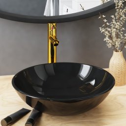Chiuveta baie robinet si scurgere tip push, negru sticla calita GartenMobel Dekor