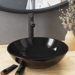 Chiuveta baie, robinet&scurgere tip push, negru, sticla calita GartenMobel Dekor