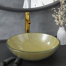 Chiuveta baie cu robinet si scurgere tip push, sticla aurie GartenMobel Dekor