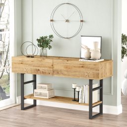Masa consola Lappeenranta cu 2 usi si polita, stejar rustic/negru, 139 cm