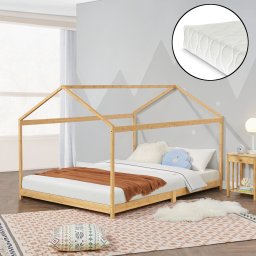 Pat copii tip casuta 120x200 cm din bambus cu saltea inclusa