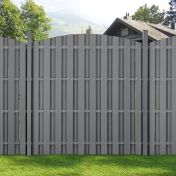 Gard WPC de gradina cu arcada, 185 x 376 cm, gri, cu stalpi