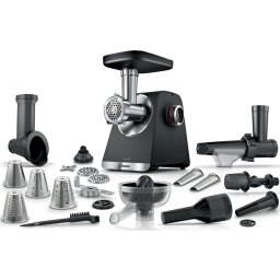 Masina de tocat Bosch MFWS682B, 2100W, 3.5kg/ min, 3 site, accesoriu suc de rosii, palnie carnati, accesoriu pt kebbe, cutit cu 2 taisuri, 4 accesorii de tocare, storcator de citrice, accesoriu biscuiti, Negru-Argintiu
