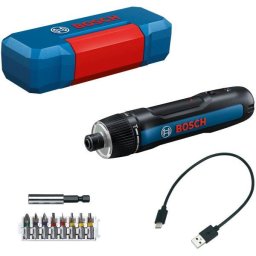 Surubelnita electrica pe acumulator Bosch GO Professional (Gen 3) 06019H2201, 3.6V, 2Ah, USB C, Led, 5 Nm, 7 trepte, set biti, prindere 1/4 inch, L-Boxx, Mini, Albastru
