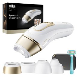 Epilator IPL Braun Silk-expert PRO 5 PL5431 Senzor automat & continuu Skin pro 2.0, 400.000 impulsuri, 10 niveluri de intensitate, 125 de impulsuri pe minut, 3 Capete de epilat, Trusa de voiaj, Aparat de ras Venus, Alb/Auriu