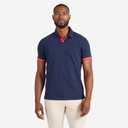 Tricou Polo navigație Sailing 100 Bleumarin-Roșu Bărbați