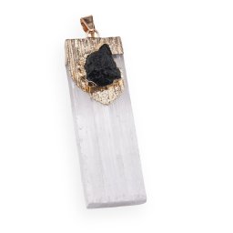 Pandantiv bagheta de Selenit si Turmalina cu montura aurie, 54mm