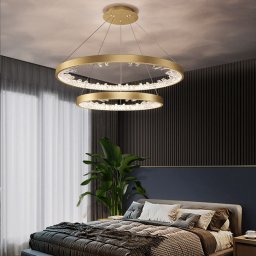 Lustra LED suspendata 2 cercuri 110W cu telecomanda, cristale K9, aurie