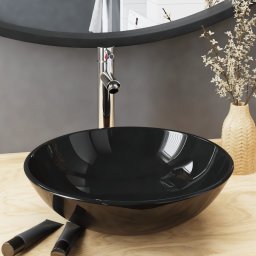 Chiuveta baie, robinet&scurgere tip push, negru, sticla calita GartenMobel Dekor