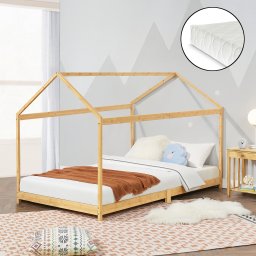 Pat pentru copii tip casuta 90x200 cm din bambus cu saltea inclusa