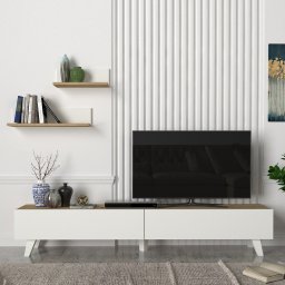 Set comoda TV Saarijärvi cu 2 polite de perete, stejar si alb