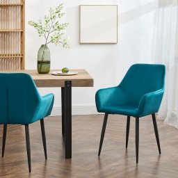 Set 2 scaune dining Hollola turcoaz din catifea cu cotiere