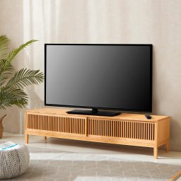 Comoda TV din bambus Videbæk 180x40x38 cm cu usi glisante