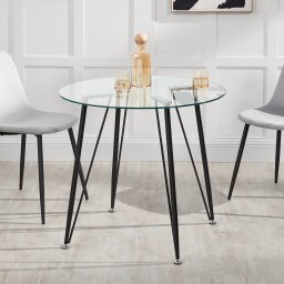 Masa dining rotunda din sticla 80 cm cu picioare negre Huittinen