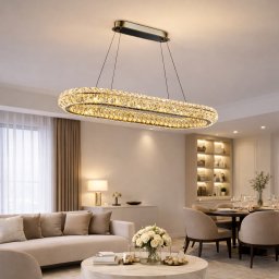 Lustra LED dimabila cu telecomanda, cristal auriu, 39W, inaltime reglabila