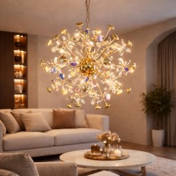 Candelabru modern cu cristale auriu, 55 cm, 32xG4, inaltime reglabila