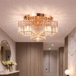 Lustra Sasha moderna clasica, 3x E27, metal si cristal, aurie, cu abajur