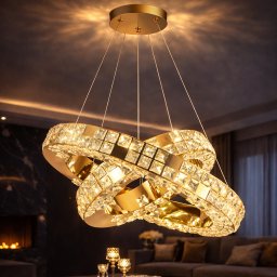 Lustra LED cu telecomanda, cristal si metal auriu, 55W, 2 cercuri, dimabila