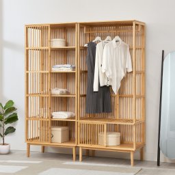 Set garderoba din bambus cu suport haine si biblioteca 5 rafturi