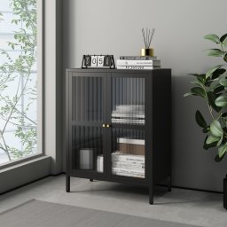 Sideboard negru cu sticla striata Sakyla 84x64x35 cm, en.casa