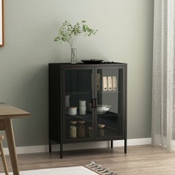 Bufet living Fauske cu usi din sticla, metal, negru, 80x40x101,5 cm