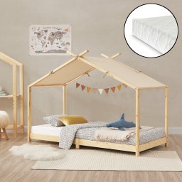 Pat copii tip casuta din lemn natural 90x200 cm cu saltea inclusa