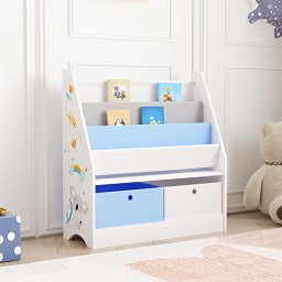 Raft pentru copii Neda cu 2 cutii de depozitare, alb, gri si albastru
