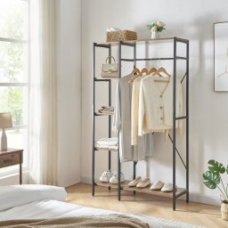 Cuier cu raft Hvidovre, bara haine si polite, negru/lemn, 170x100x35 cm