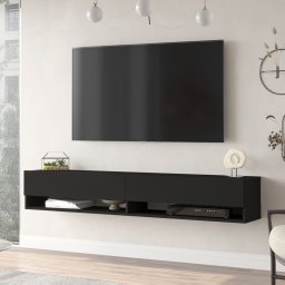 Comoda TV suspendata Laitila 180 cm, negru, cu 2 usi si rafturi