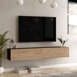 Comoda TV suspendata Lapinlahti 180 cm, negru si stejar, 2 usi